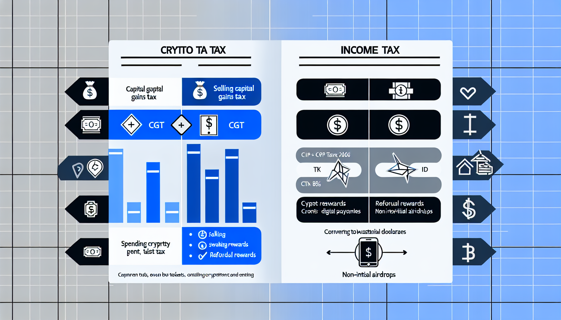Illustrative infographic comparing Capital Gains Tax (CGT) and Income Tax for common crypto transactions in Australia.