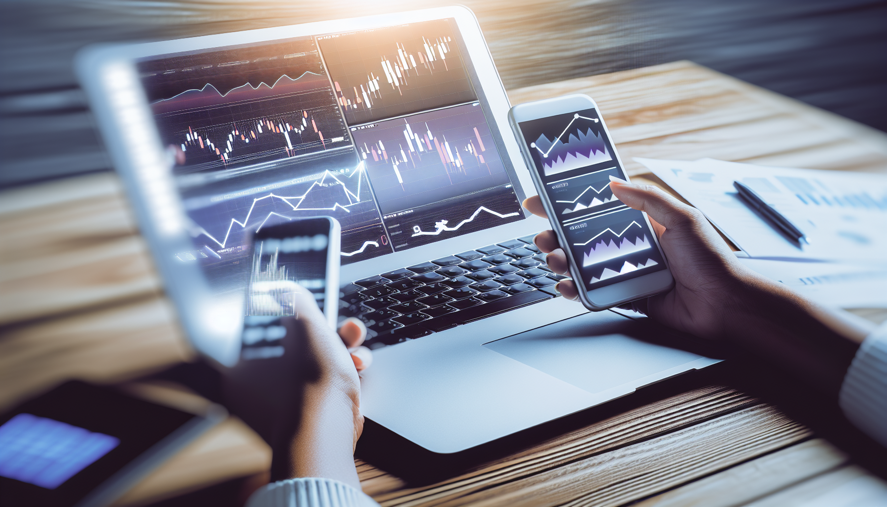 Mani di una persona con smartphone e laptop che mostrano grafici finanziari sfocati.