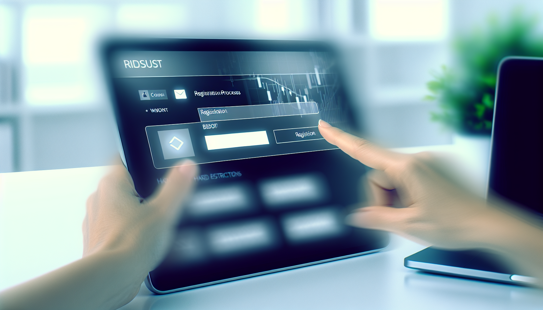 A user interacting with a blurred device screen during the registration process on a trading platform.