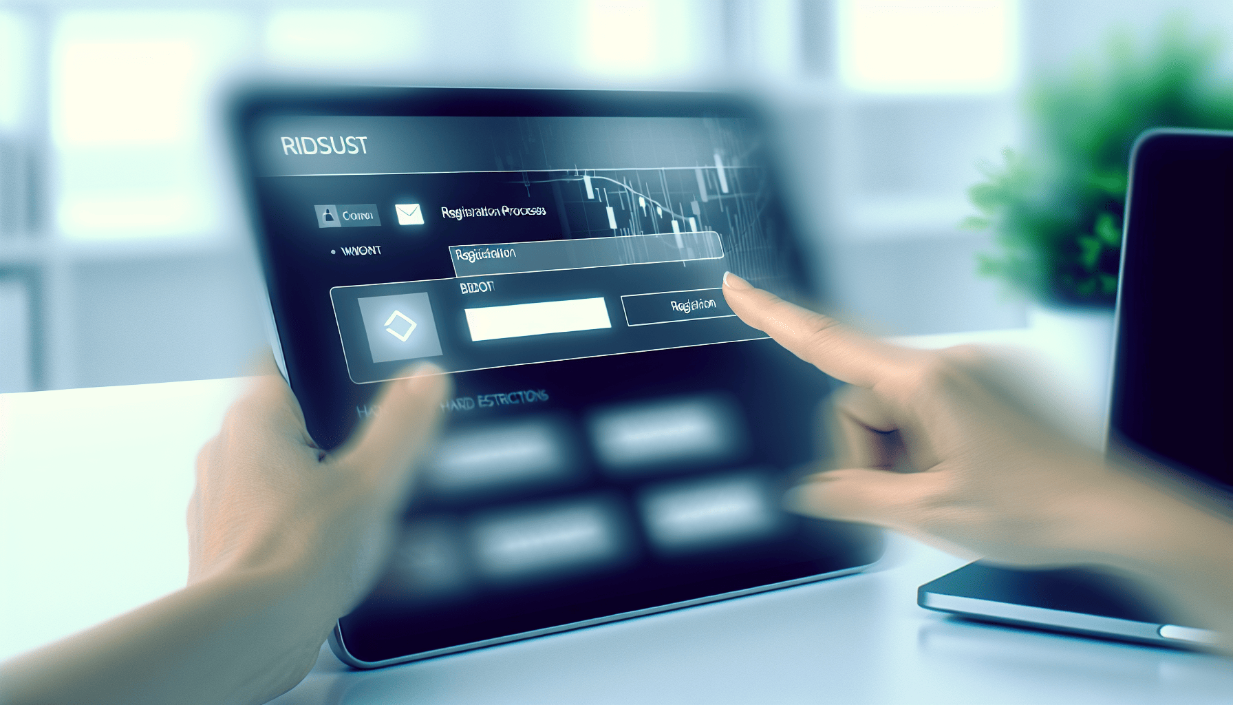 A user interacting with a blurred device screen during the registration process on a trading platform.