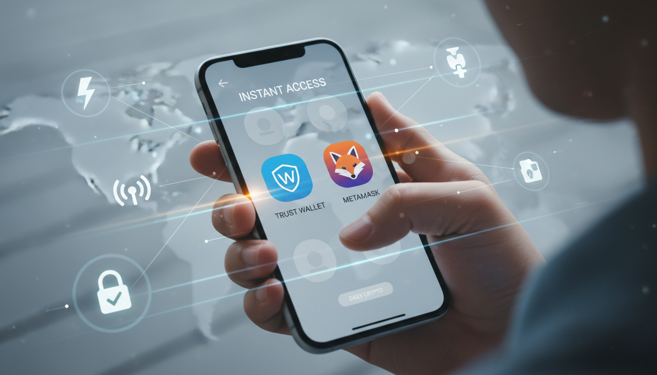 Smartphone displaying crypto wallet apps Trust Wallet and MetaMask, illustrating hot wallets for daily use.