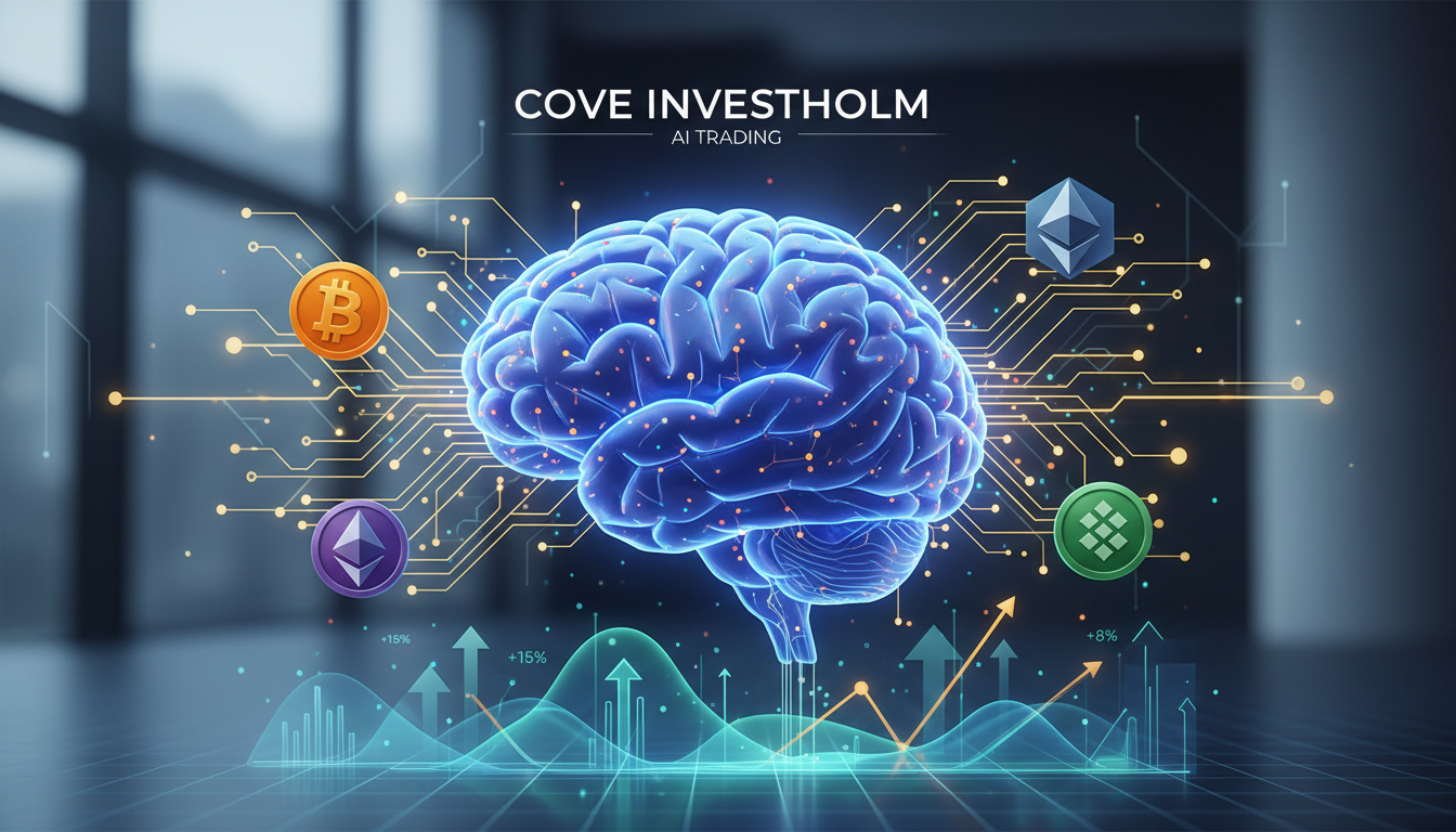 Illustration showing AI-powered market analysis with crypto icons and trend graphs.