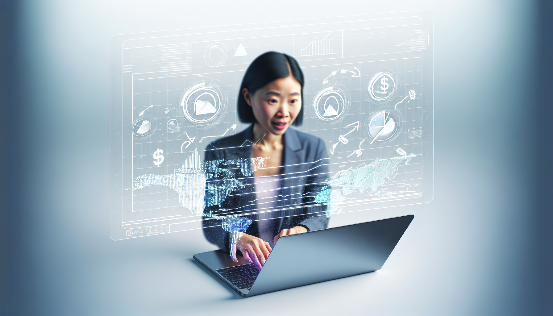 Abstract digital dashboard showing user interaction tools and market tracking features.