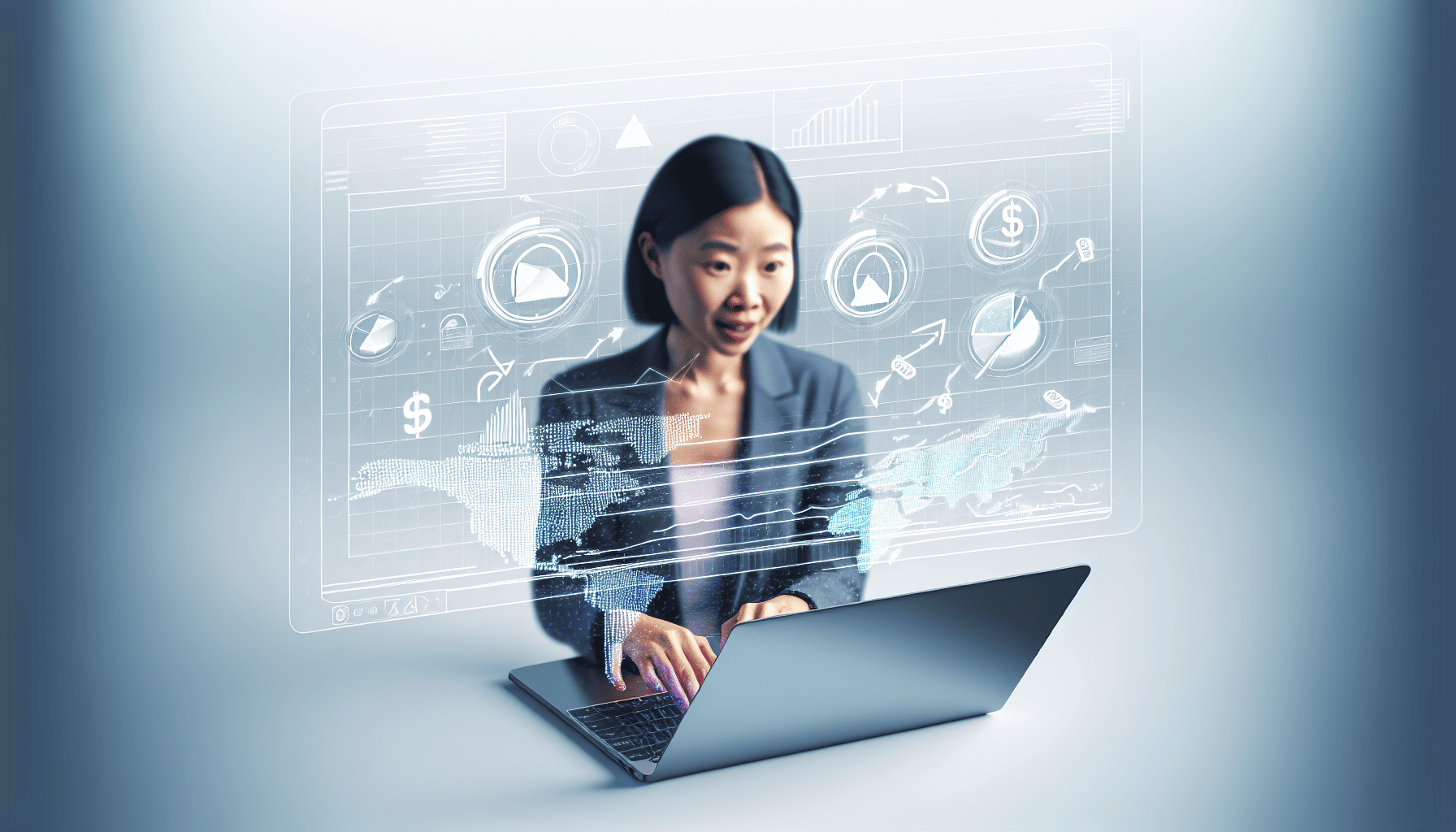 Abstract digital dashboard showing user interaction tools and market tracking features.
