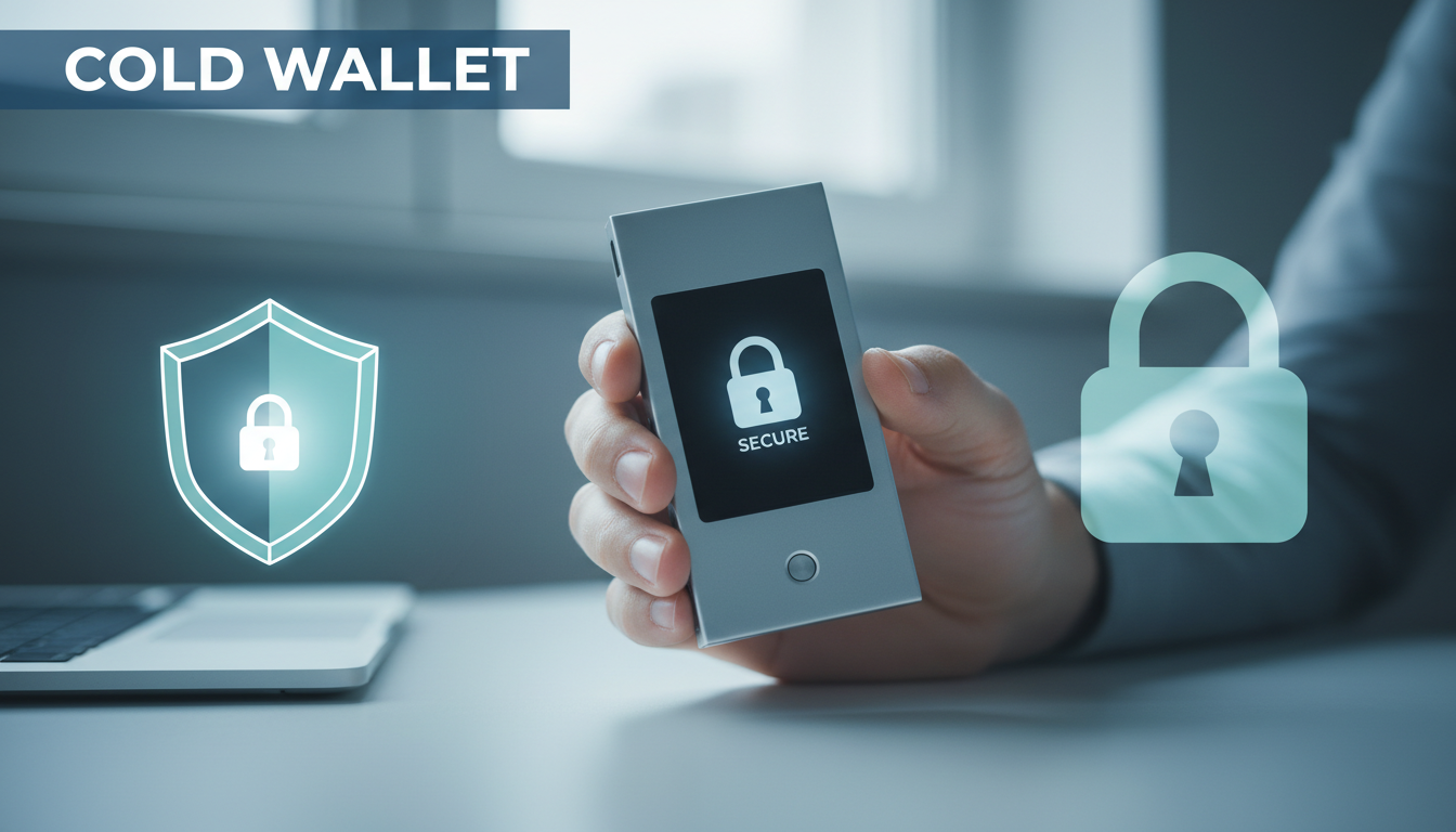 Hand holding a hardware wallet device (Ledger/Trezor), representing secure cold storage.