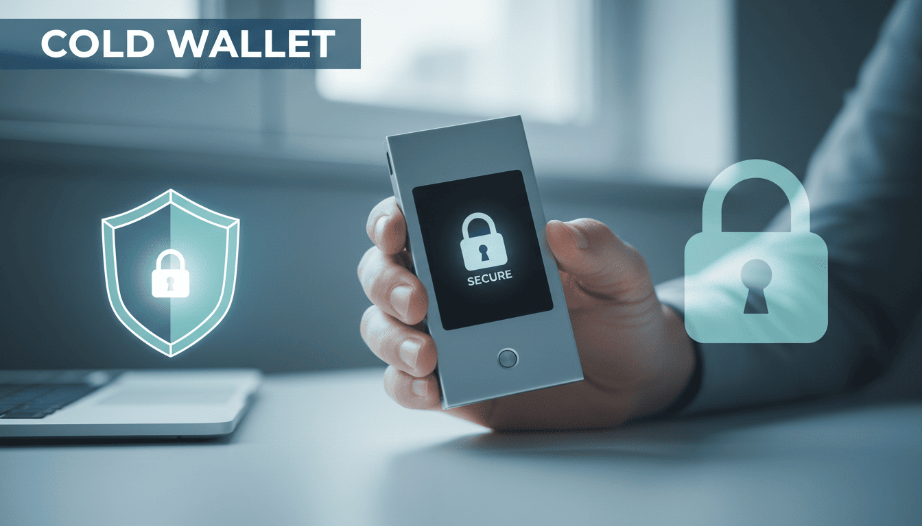 Hand holding a hardware wallet device (Ledger/Trezor), representing secure cold storage.