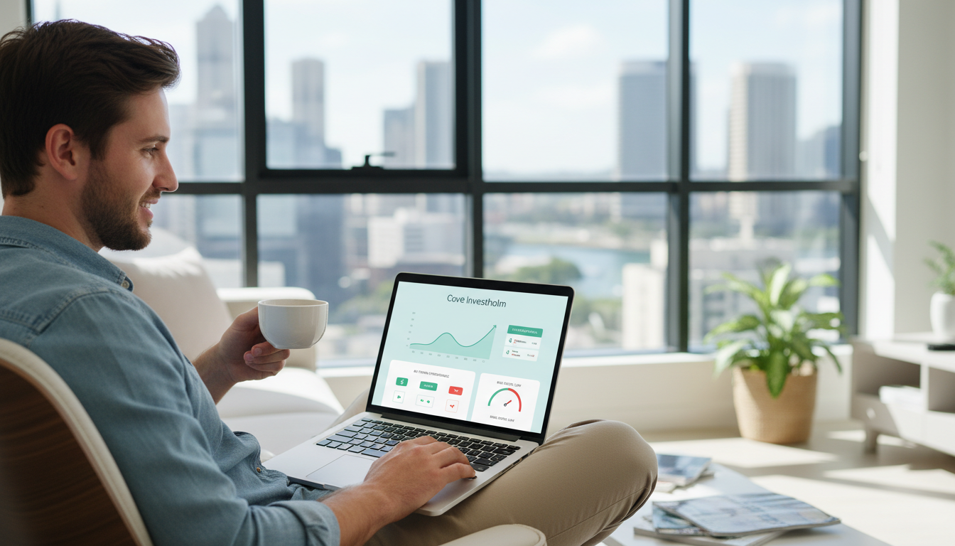 Beginner trader in Australia using Cove Investholm platform on a laptop with a view of a city skyline.