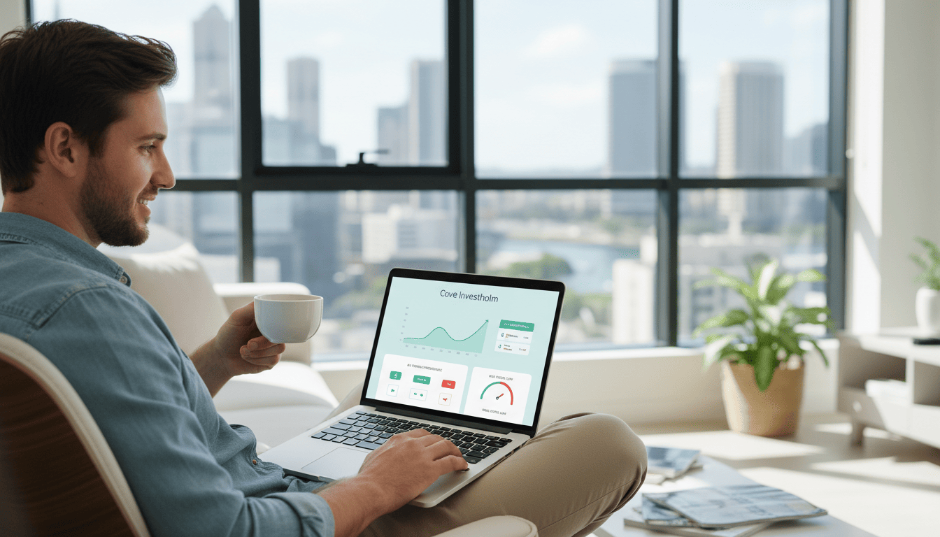 Beginner trader in Australia using Cove Investholm platform on a laptop with a view of a city skyline.