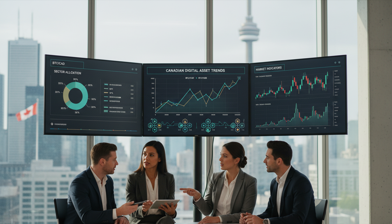 Canadian professionals analyzing crypto market trends on large screens, indicating organized research.
