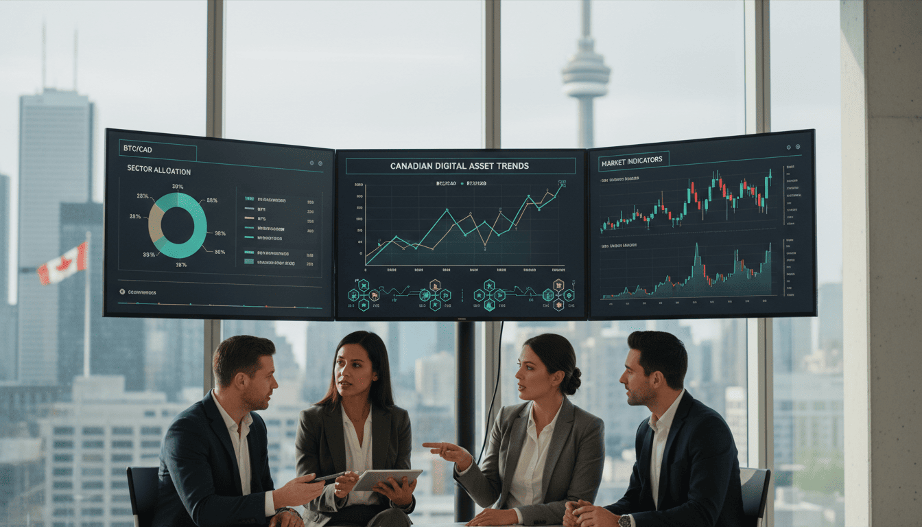 Canadian professionals analyzing crypto market trends on large screens, indicating organized research.