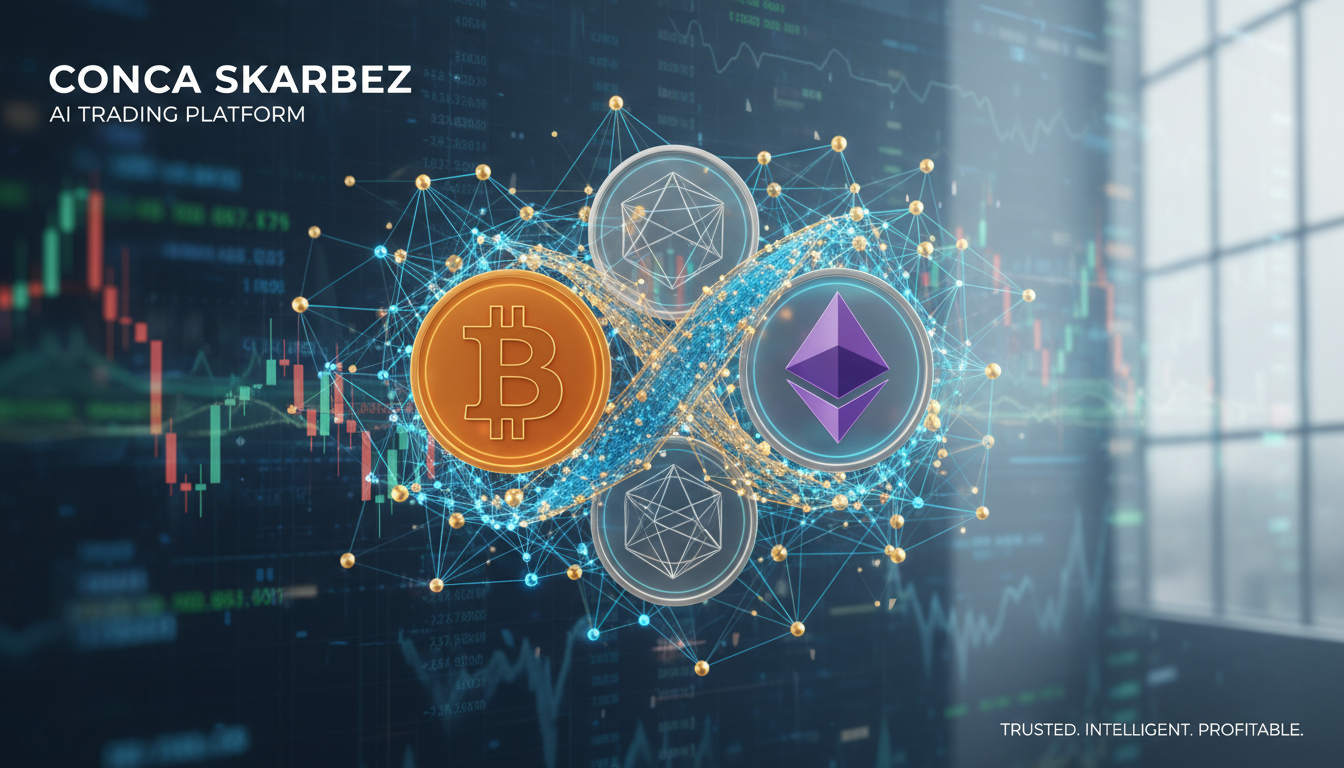 Neural network with cryptocurrency icons and financial data streams.