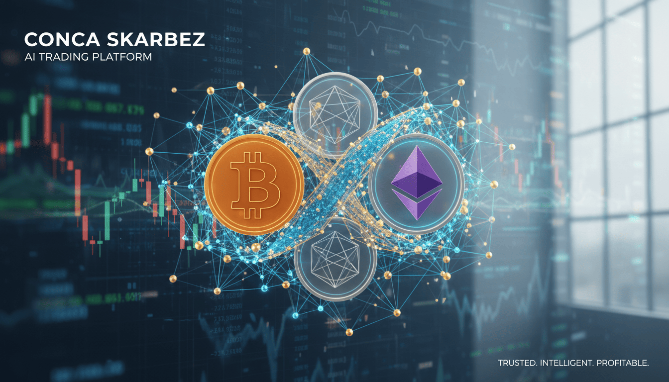Neural network with cryptocurrency icons and financial data streams.