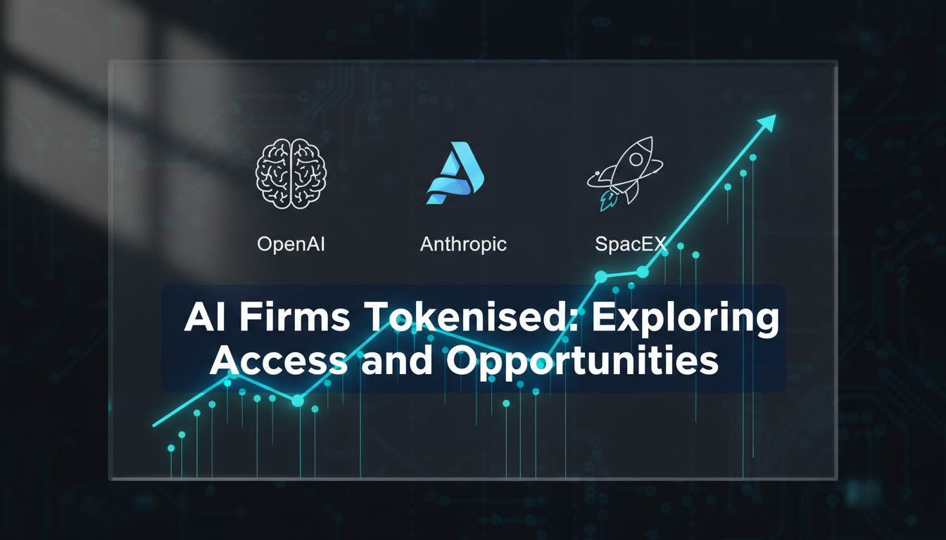 Digital chart showing rising graphs and AI company icons representing OpenAI, Anthropic, and SpaceX with the text 'AI Firms Tokenised: Exploring Access and Opportunities'.