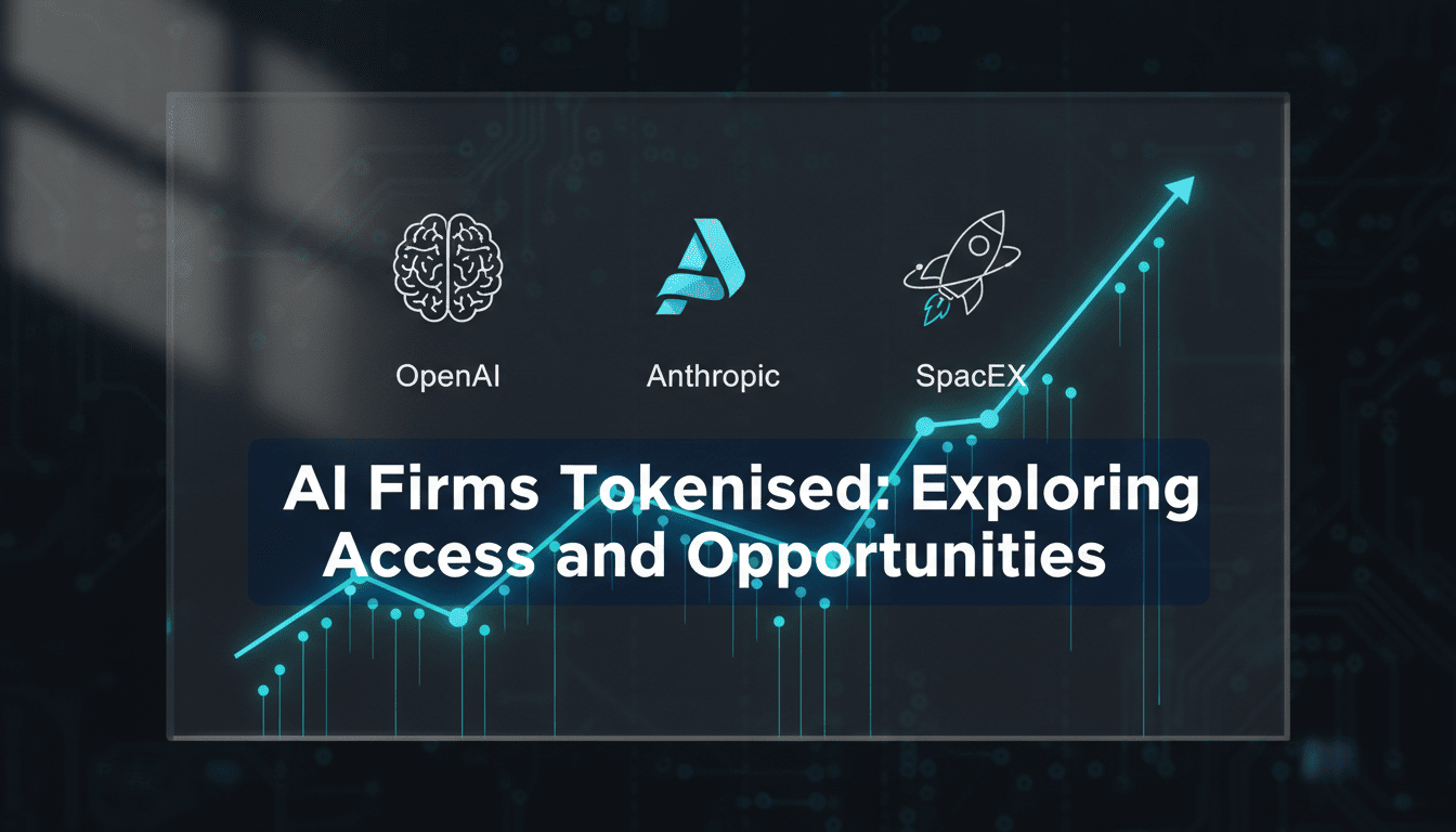 Digital chart showing rising graphs and AI company icons representing OpenAI, Anthropic, and SpaceX with the text 'AI Firms Tokenised: Exploring Access and Opportunities'.
