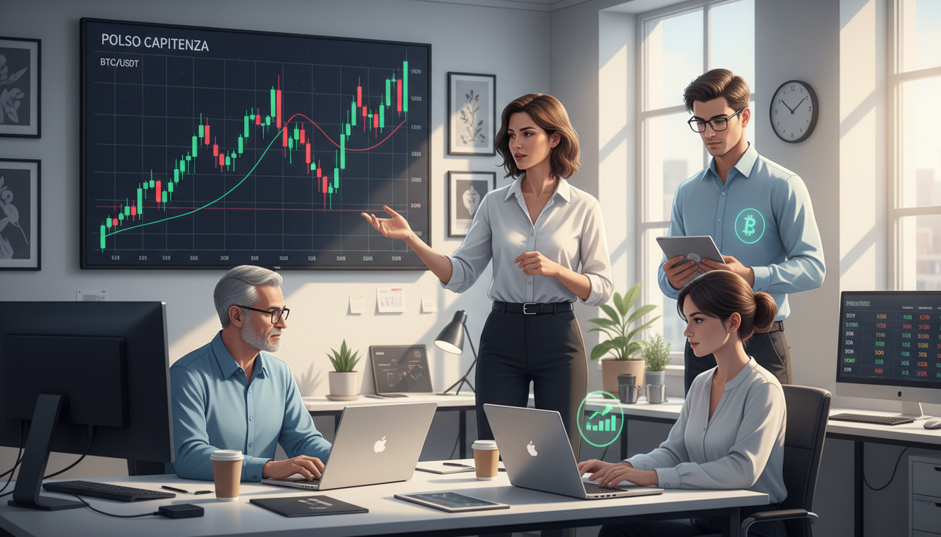 A diverse group of traders engaged with market data on various devices.