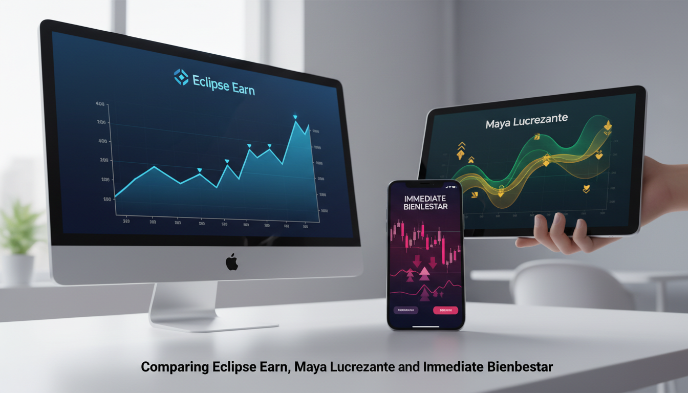 Illustration comparing three trading platforms on different devices displaying graphs and charts for Eclipse Earn, Maya Lucrezante, and Immediate Bienestar.