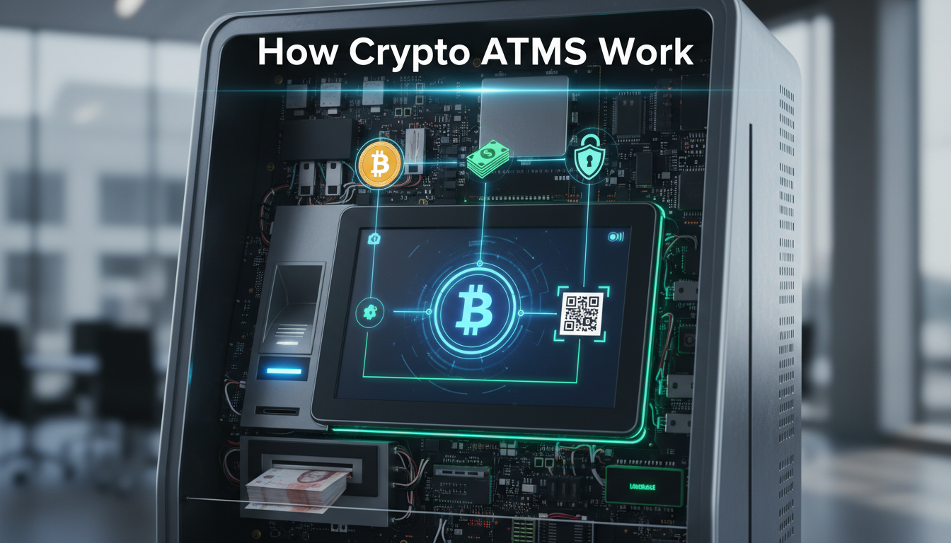 Diagram showing the inner workings of a crypto ATM with Bitcoin, cash, and wallet address interactions.