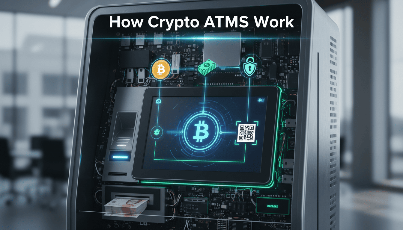 Diagram showing the inner workings of a crypto ATM with Bitcoin, cash, and wallet address interactions.