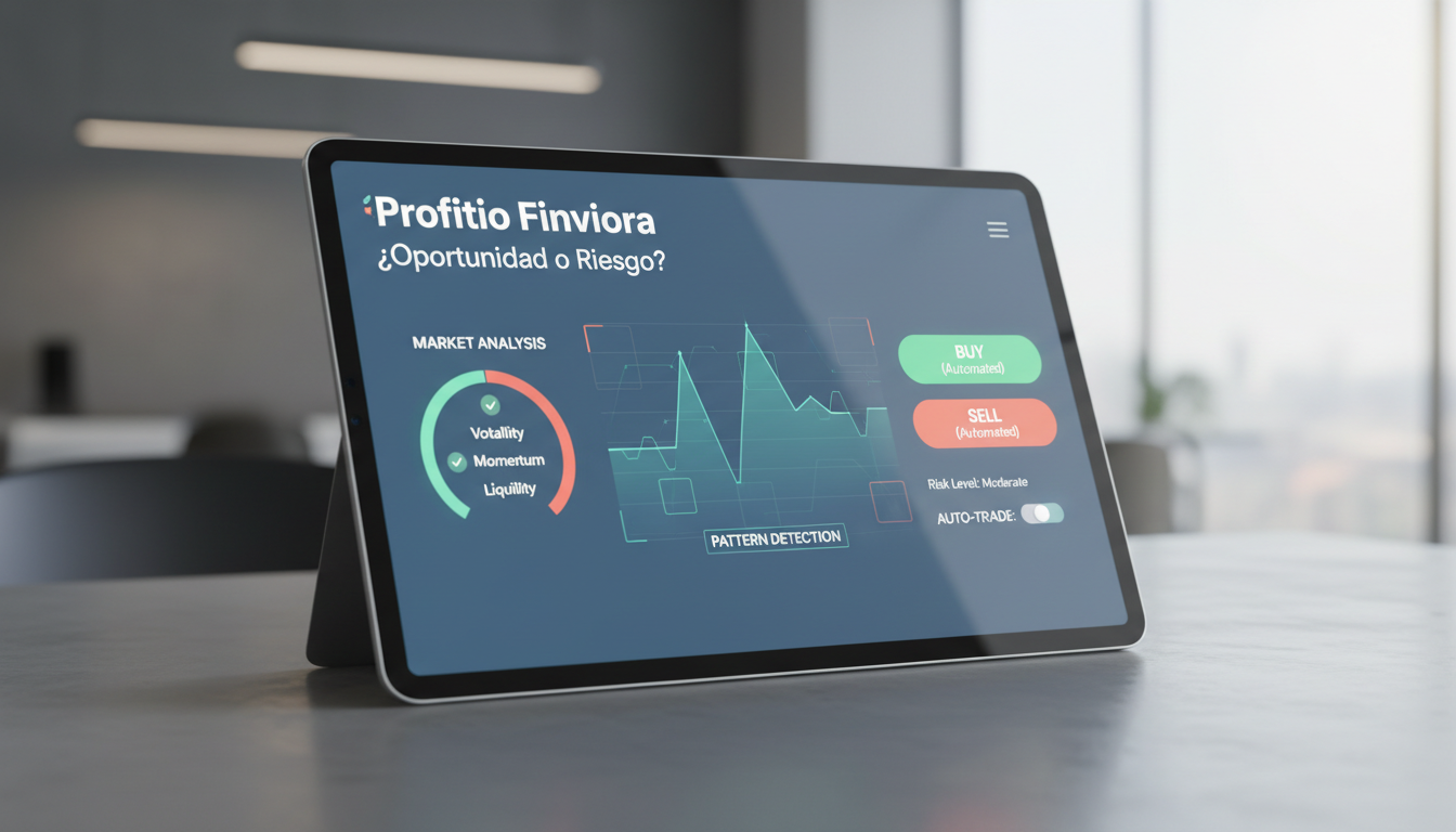 Illustration of an automated trading platform interface with market analysis, pattern detection, and trade execution buttons.