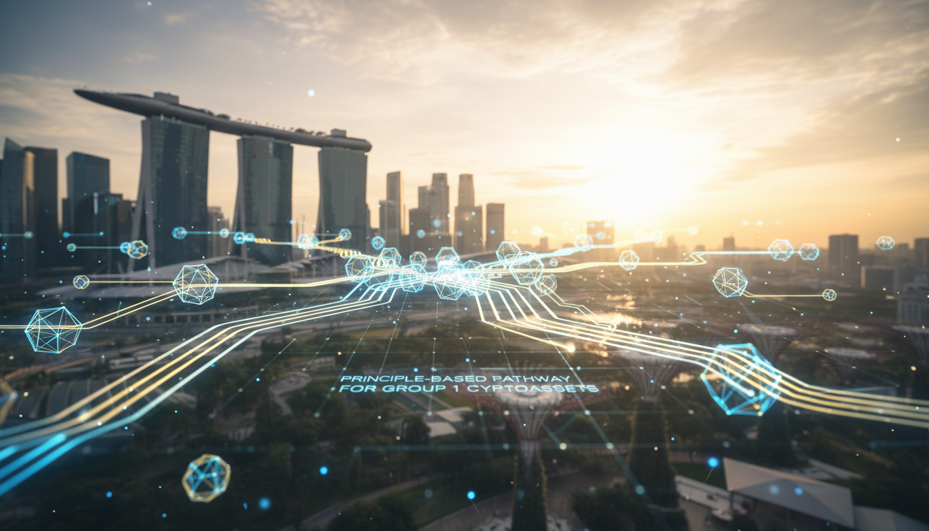 Blockchain network diagram overlaying a cityscape of Singapore, representing the principle-based pathway for cryptoassets.