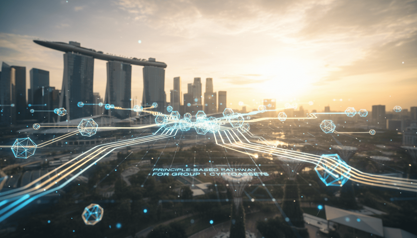 Blockchain network diagram overlaying a cityscape of Singapore, representing the principle-based pathway for cryptoassets.