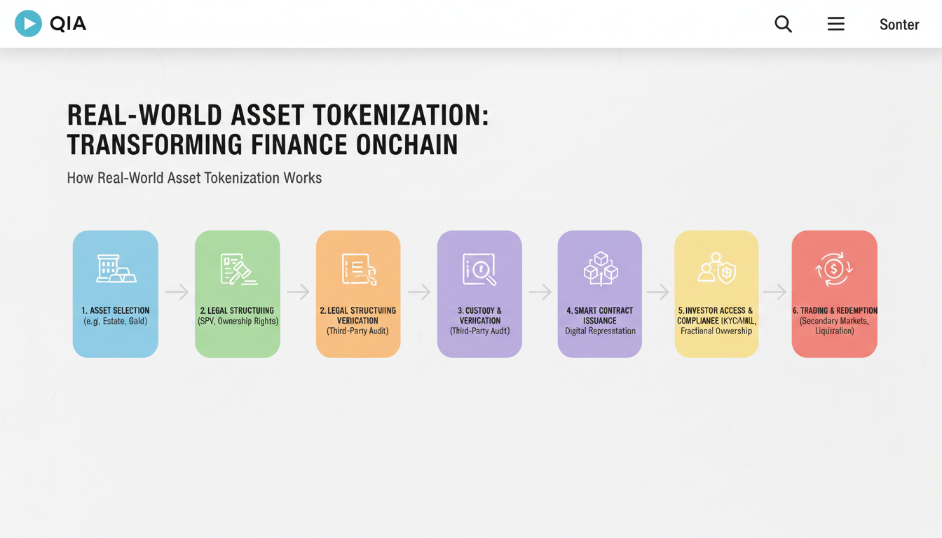 Visual infographic explaining how real-world asset tokenization works step by step.