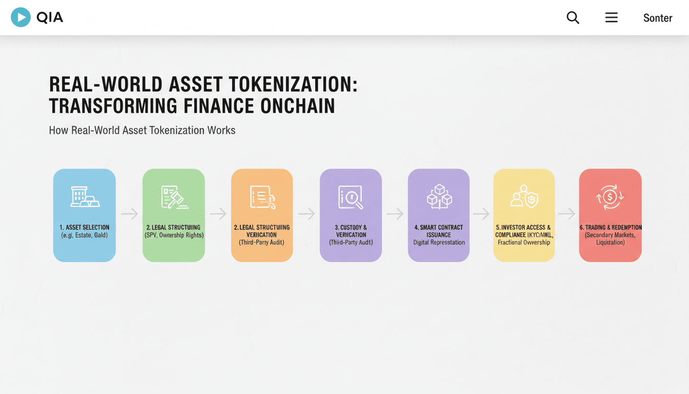 Visual infographic explaining how real-world asset tokenization works step by step.