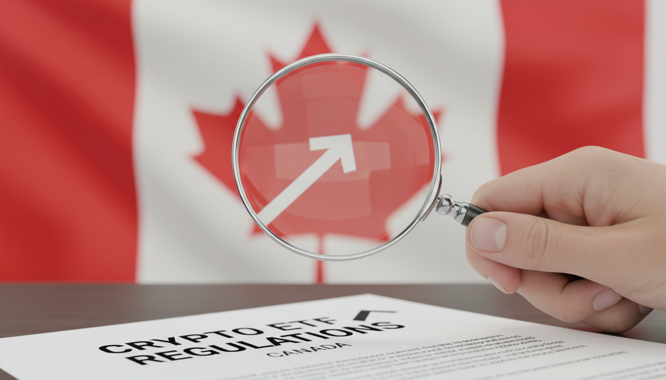 Close-up of a hand holding a magnifying glass over a document titled 'Crypto ETF Regulations' with the Canadian flag in the background.