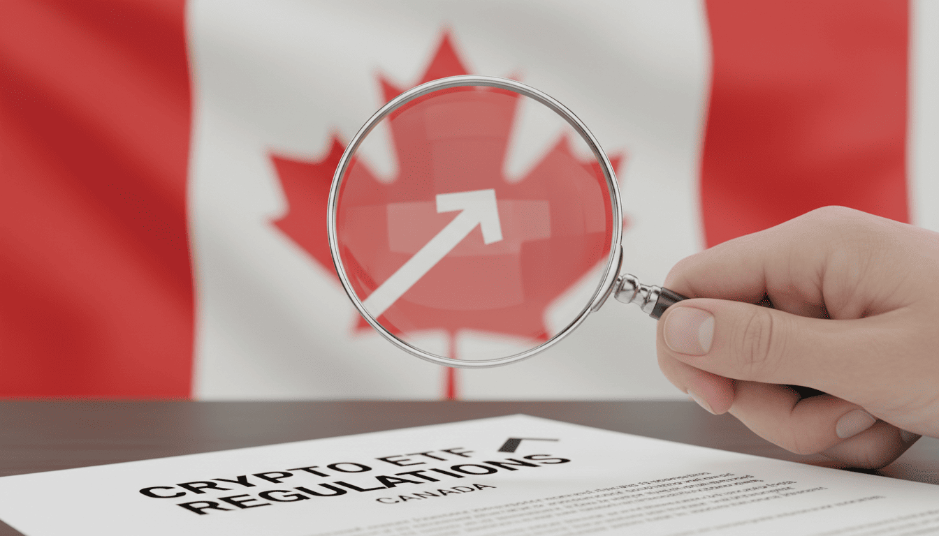 Close-up of a hand holding a magnifying glass over a document titled 'Crypto ETF Regulations' with the Canadian flag in the background.