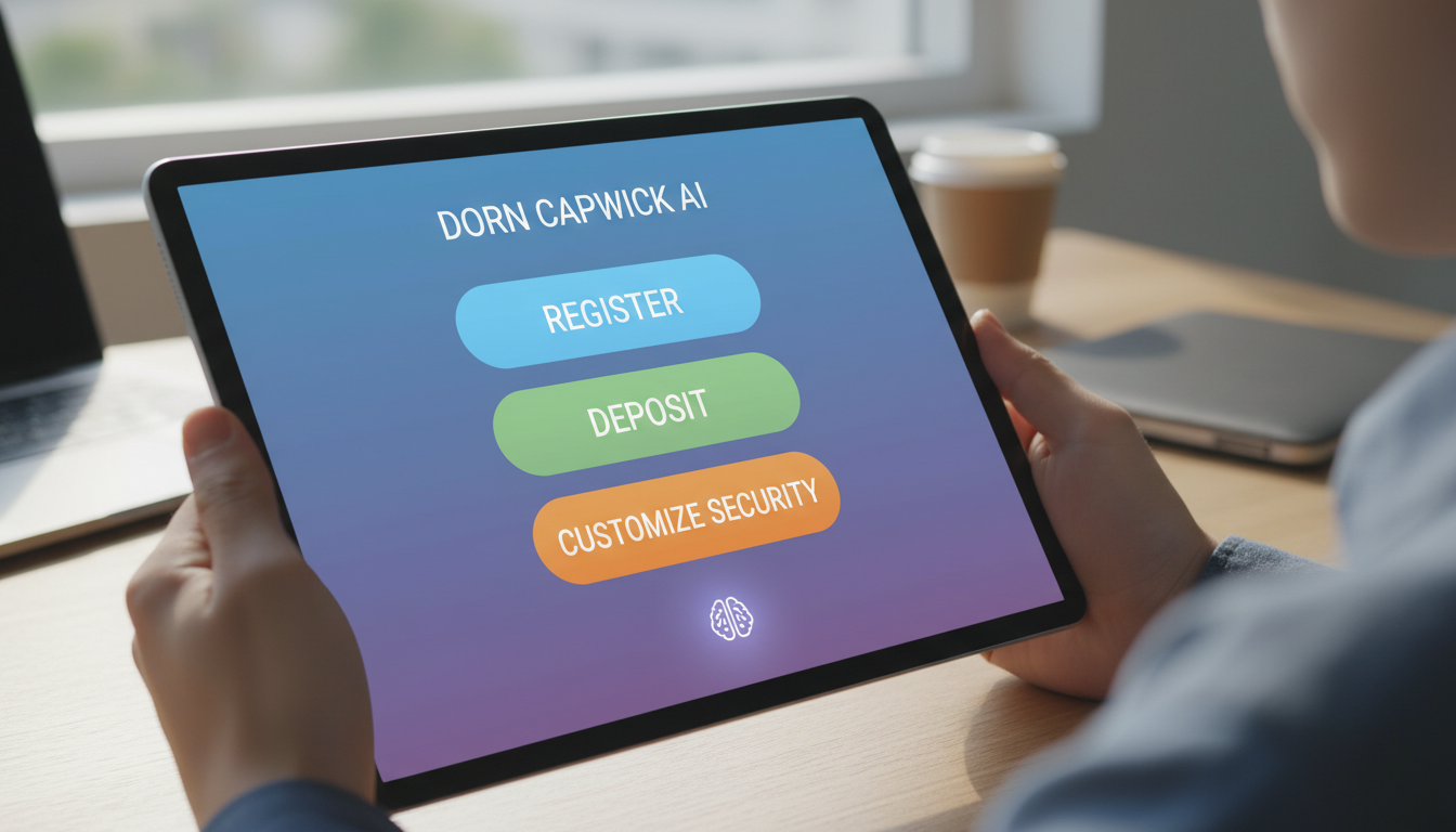 A digital device displaying a fictional AI trading platform’s registration, deposit, and security customization process.