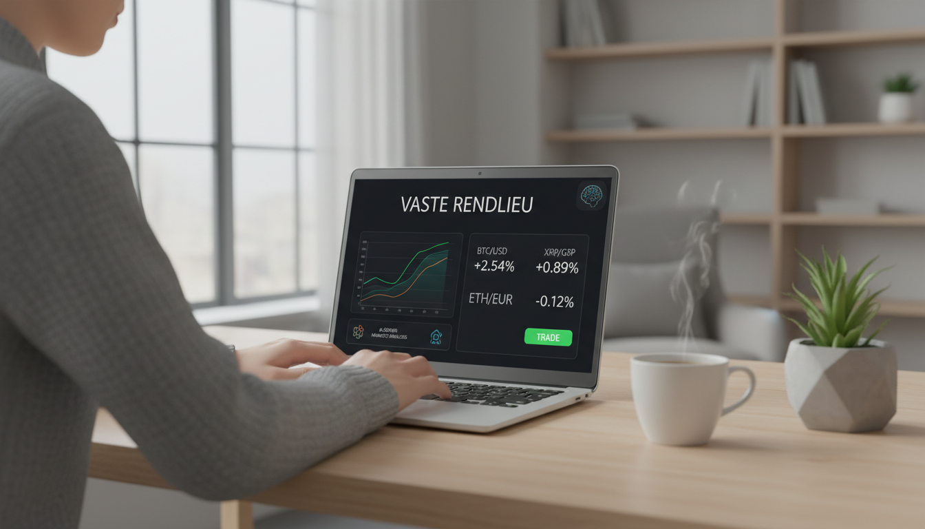Person using Vaste Rendlieu's trading platform on a laptop with charts and AI tools visible on the screen.