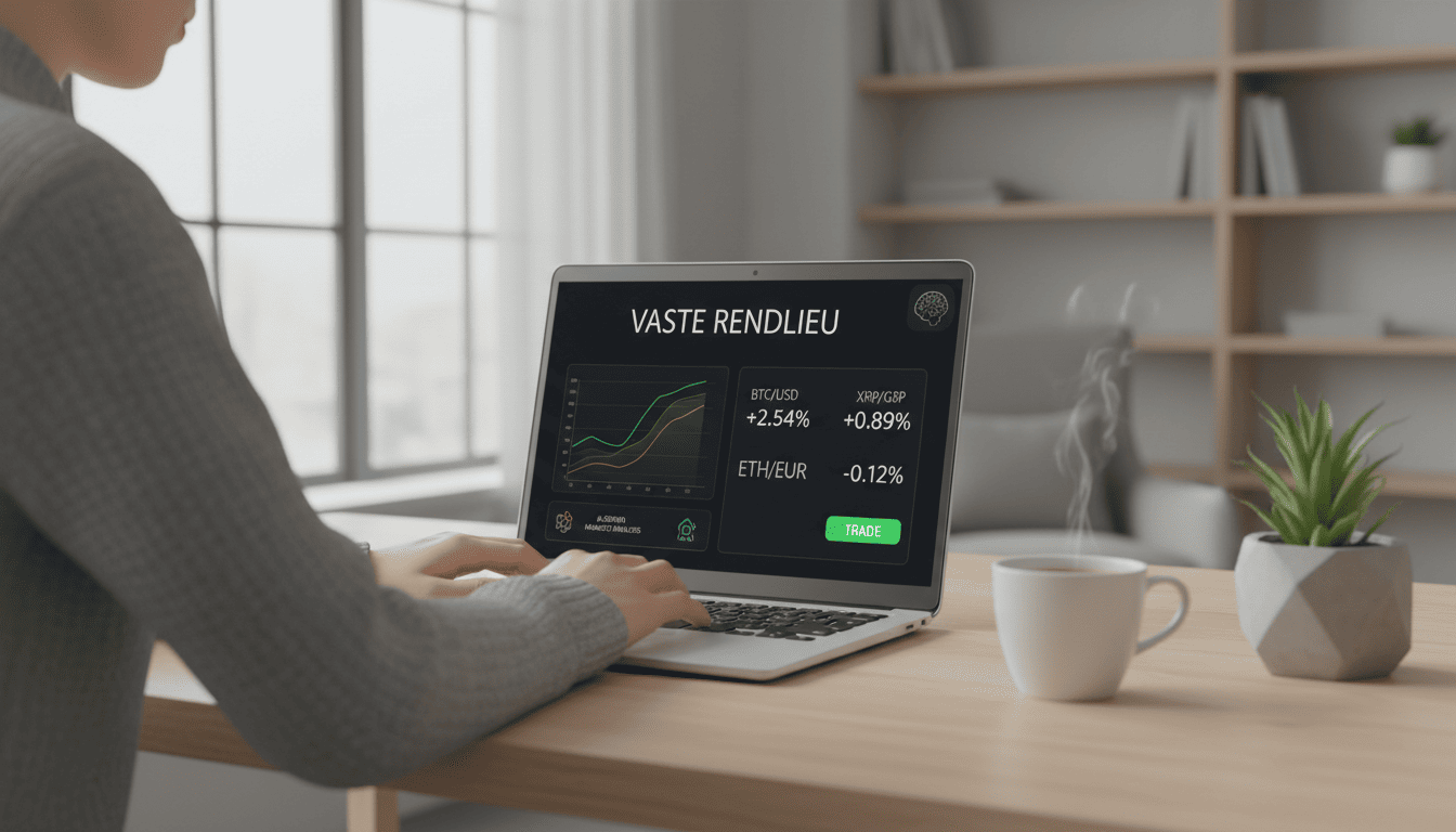 Person using Vaste Rendlieu's trading platform on a laptop with charts and AI tools visible on the screen.
