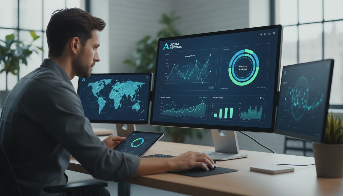 Illustration of Acuta Rentovia’s platform interface with analytics, a trader reviewing data, and AI-driven charts.