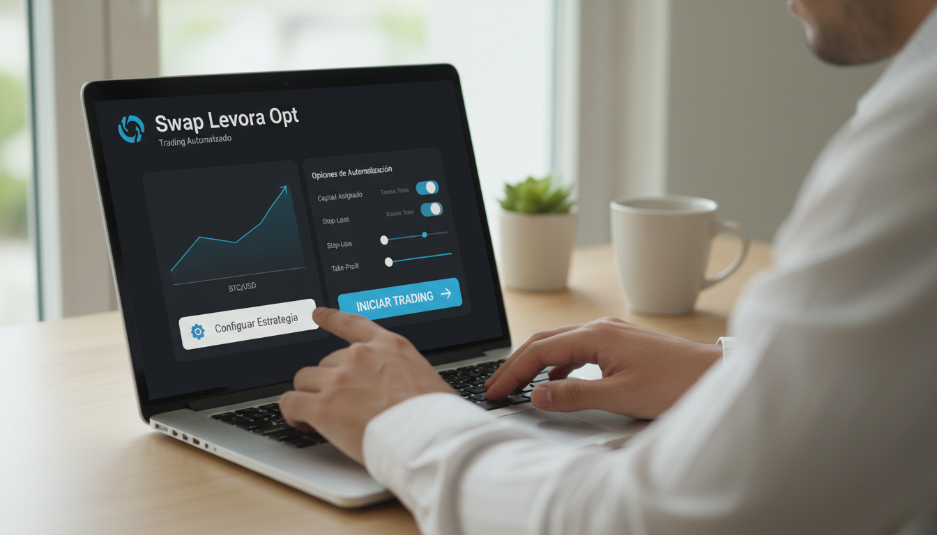 Person using laptop with Swap Levora Opt platform, showing trading options and configuration settings.