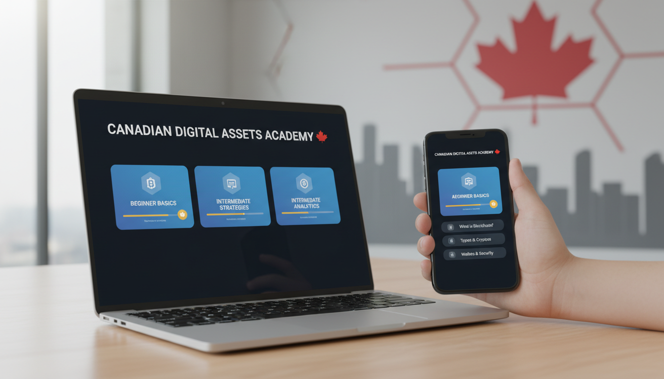 Smartphone and laptop displaying a user-friendly crypto educational platform with clear navigation.