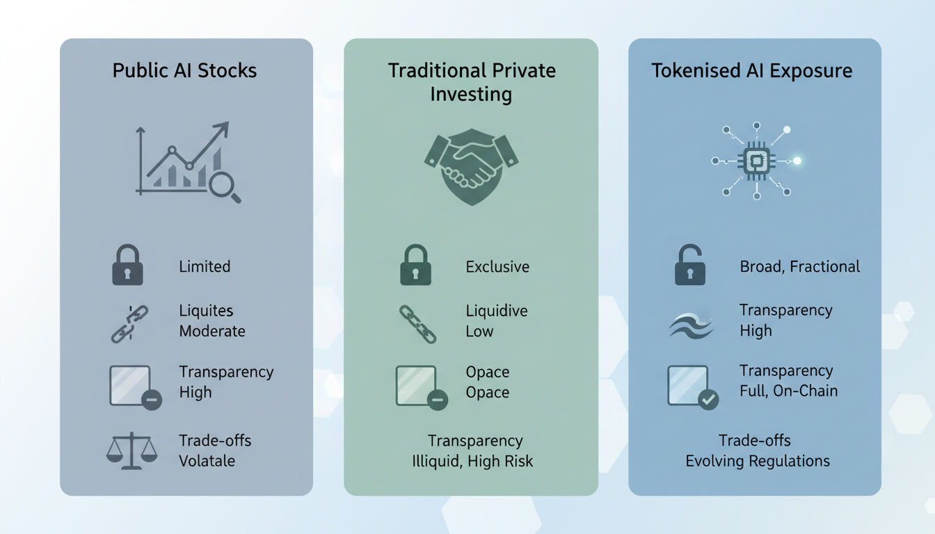 Animated illustration comparing 'Public AI Stocks', 'Traditional Private Investing', and 'Tokenised AI Exposure' with icons for access, liquidity, transparency, and trade-offs.