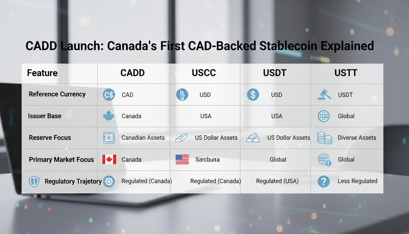 Comparison table visual of CADD vs USDC and USDT stablecoins.