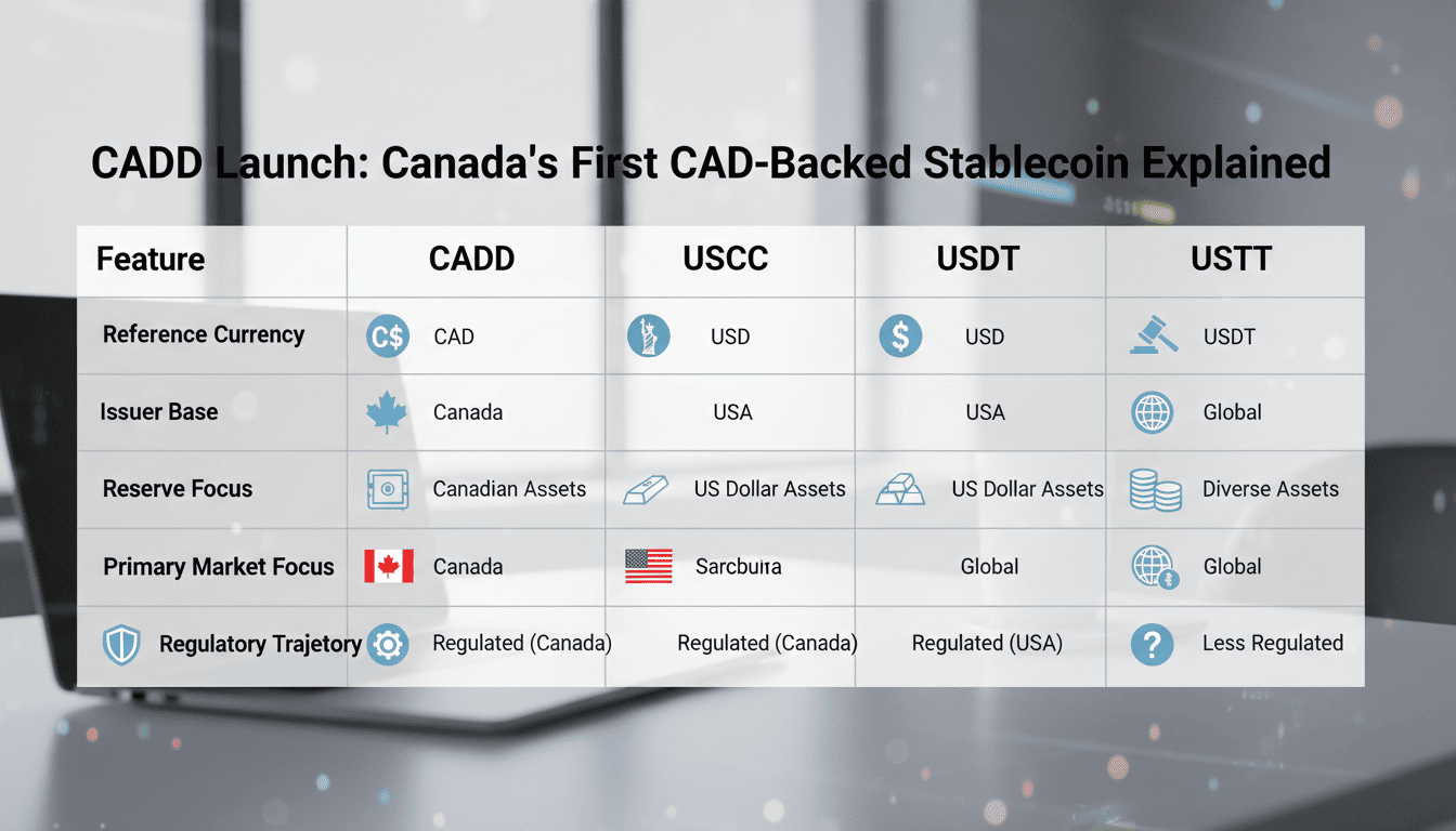 Comparison table visual of CADD vs USDC and USDT stablecoins.