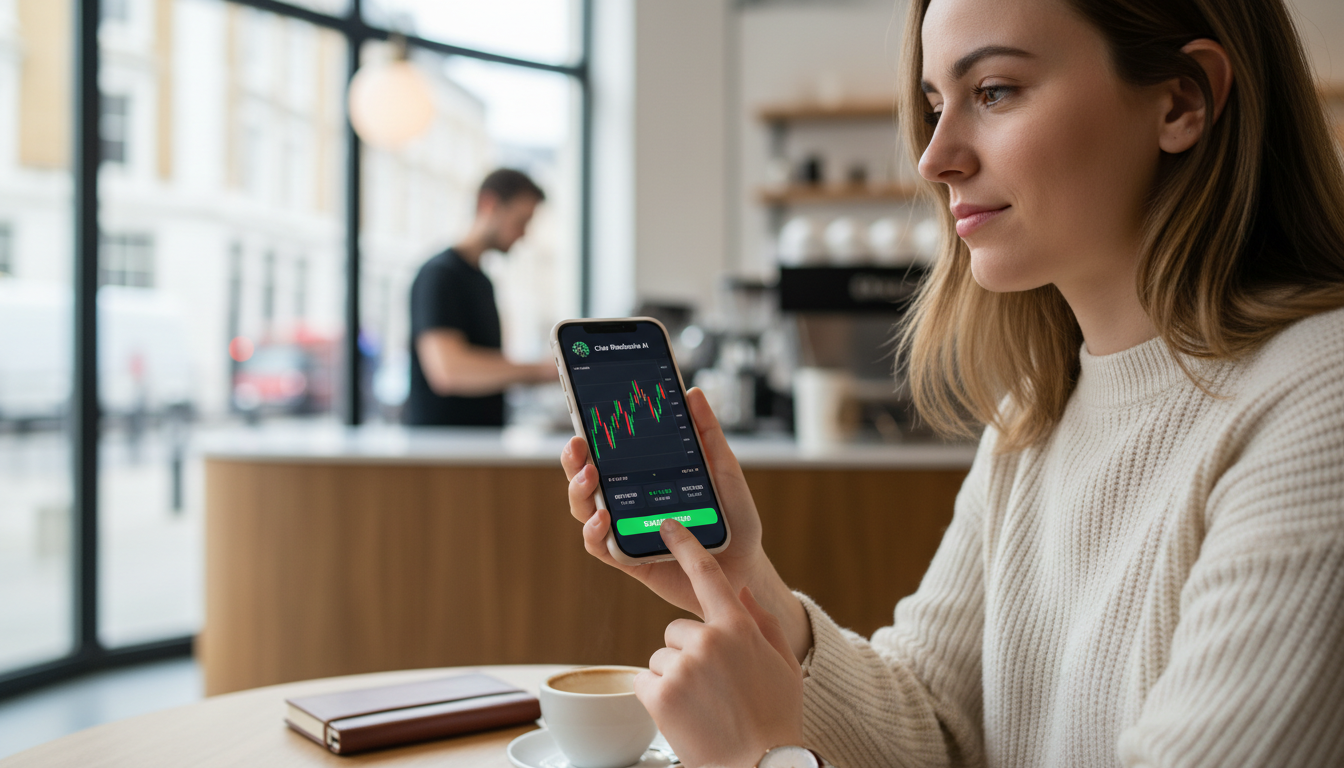 Person accessing a trading platform on a mobile phone in a cafe, showing charts and market data.