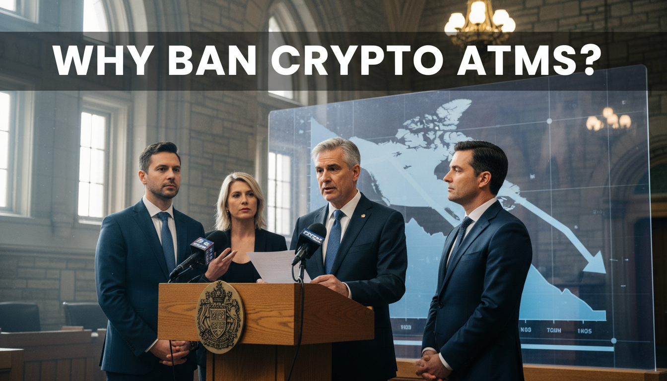 Government officials discussing the ban on crypto ATMs with a text overlay stating 'Why Ban Crypto ATMs?'.