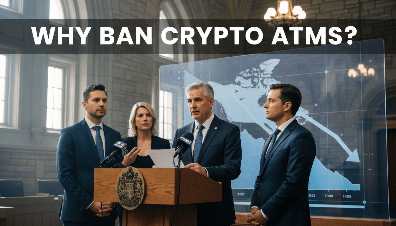 Government officials discussing the ban on crypto ATMs with a text overlay stating 'Why Ban Crypto ATMs?'.