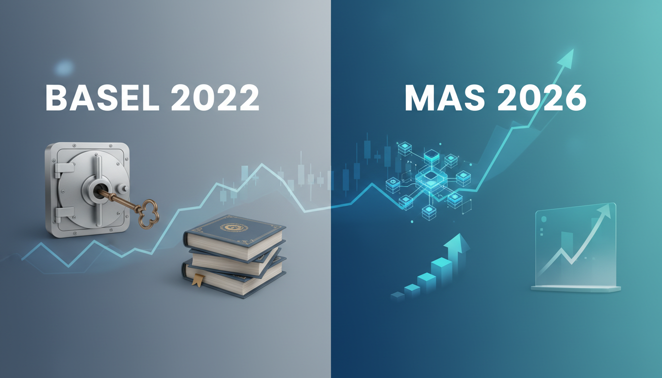Side-by-side comparison of Basel 2022 and MAS 2026 regulatory frameworks with a financial graph in the background.
