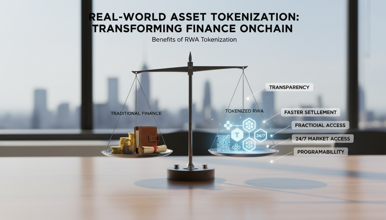 Editorial image showing the benefits of RWA tokenization comparing traditional finance with tokenized assets.
