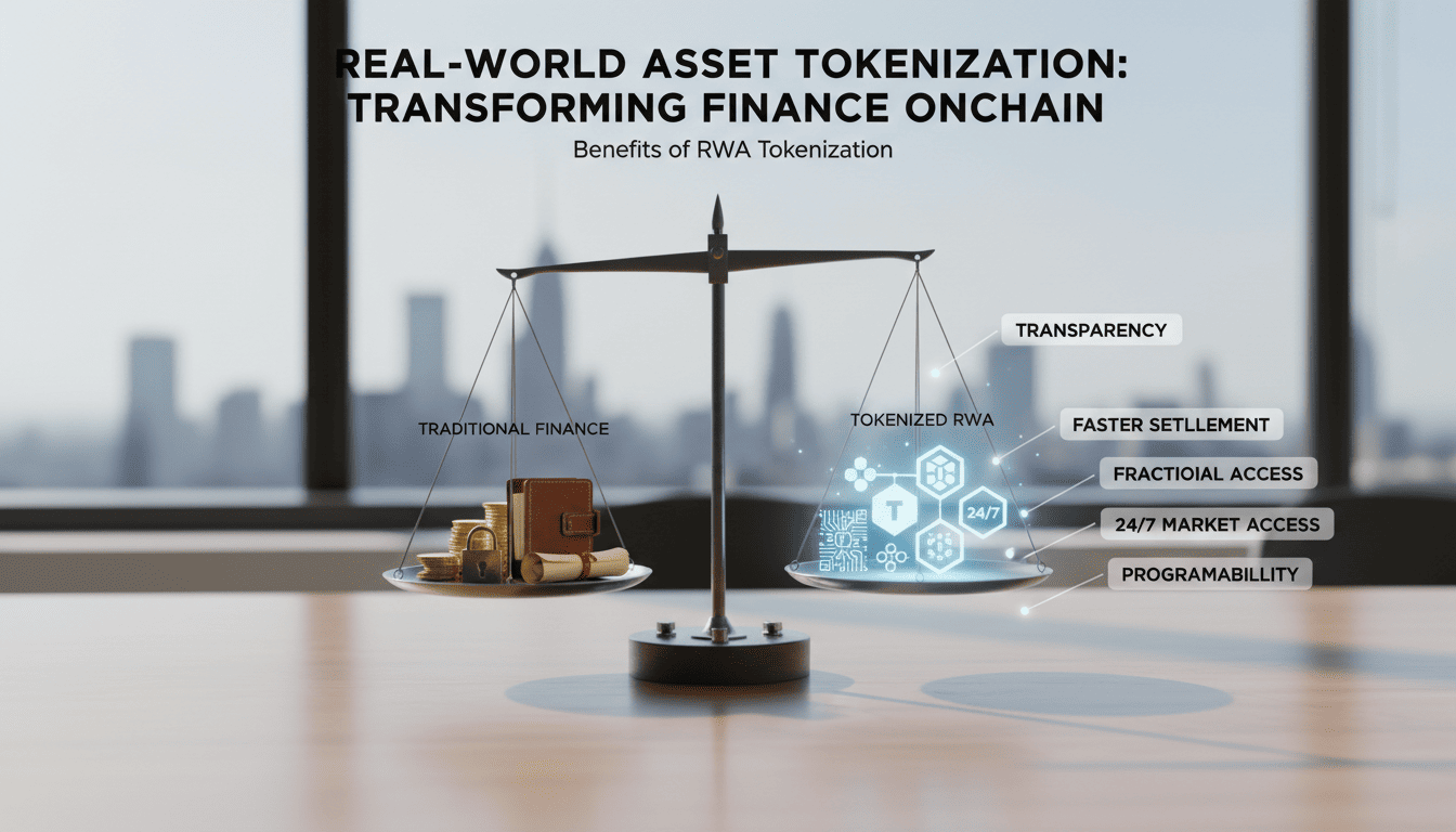 Editorial image showing the benefits of RWA tokenization comparing traditional finance with tokenized assets.