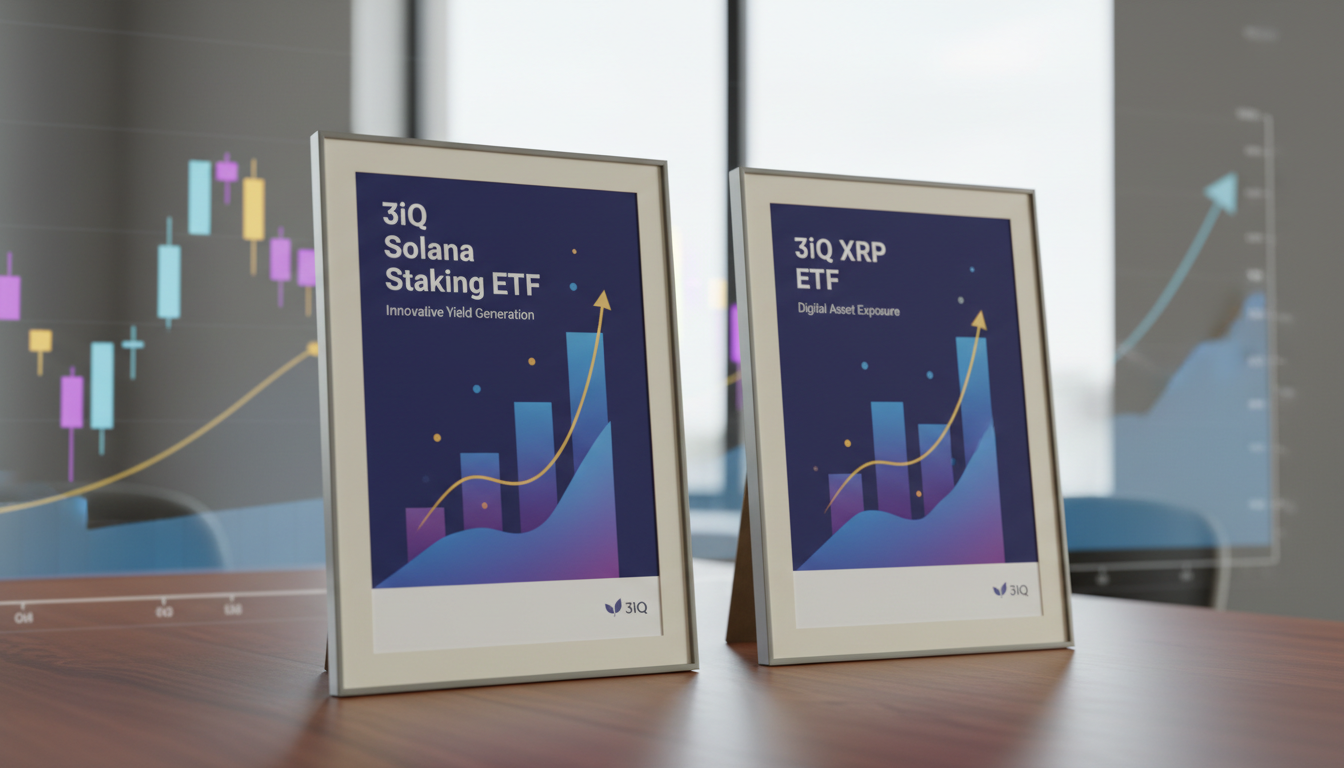 Illustration of two ETF documents labeled '3iQ Solana Staking ETF' and '3iQ XRP ETF' with performance graphs in the background.