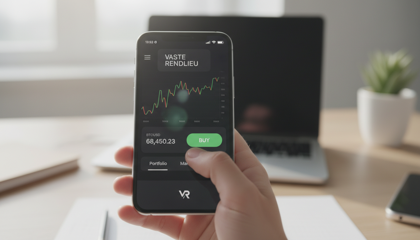Smartphone displaying Vaste Rendlieu's trading platform with a user-friendly mobile interface.