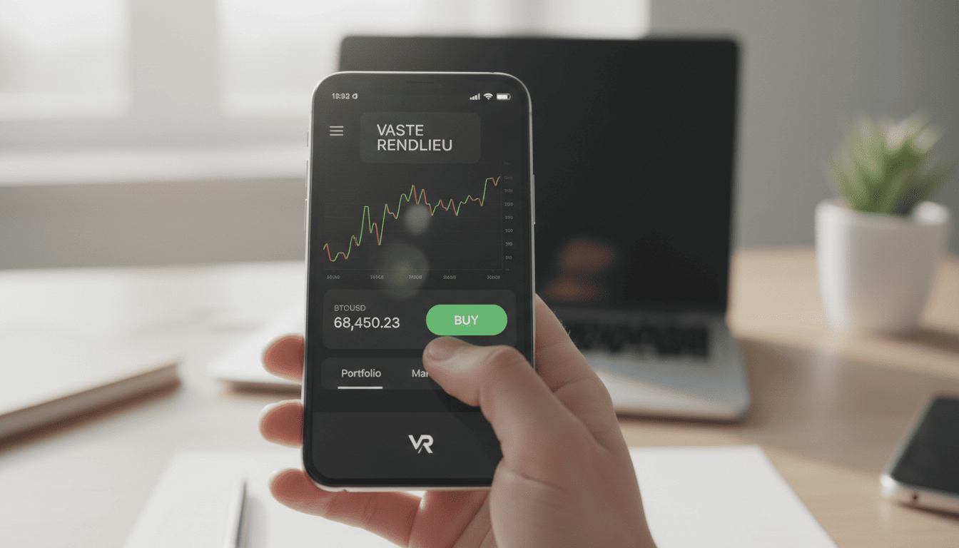 Smartphone displaying Vaste Rendlieu's trading platform with a user-friendly mobile interface.