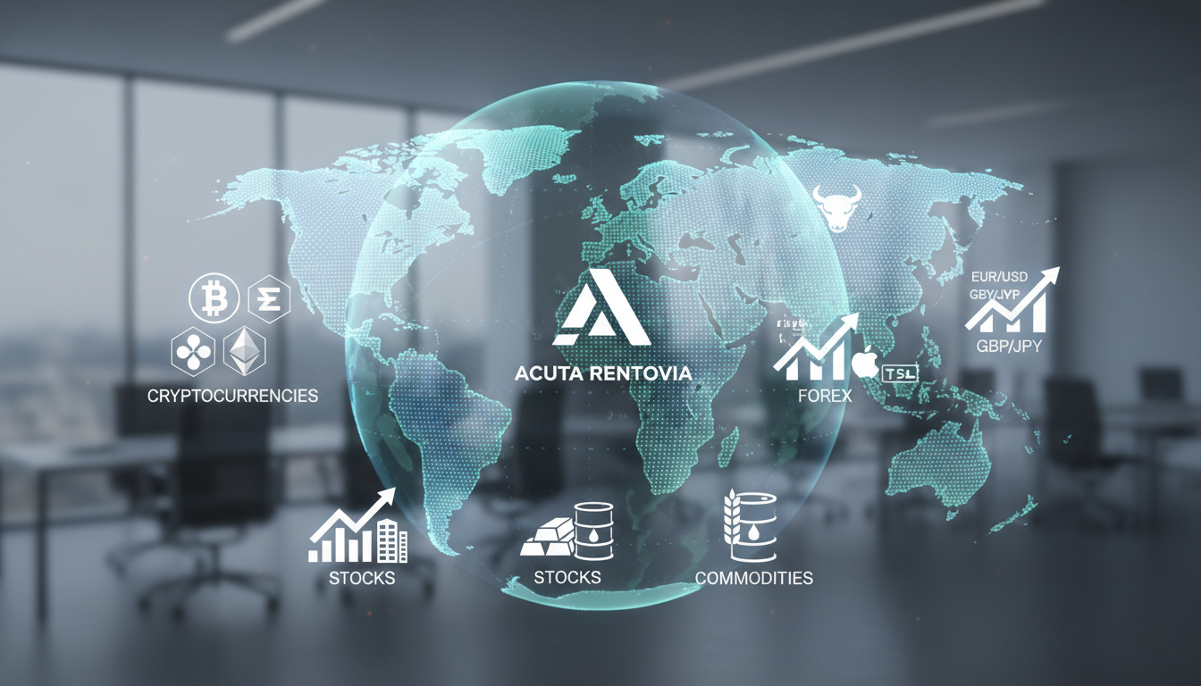 Editorial image showing diverse markets supported by Acuta Rentovia, including cryptocurrencies, forex, stocks, and commodities over a global digital map.