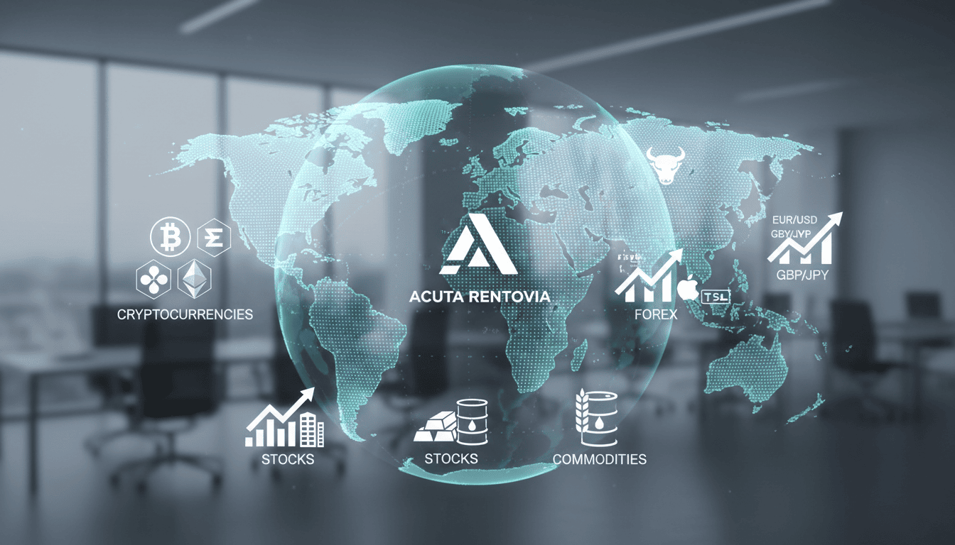 Editorial image showing diverse markets supported by Acuta Rentovia, including cryptocurrencies, forex, stocks, and commodities over a global digital map.