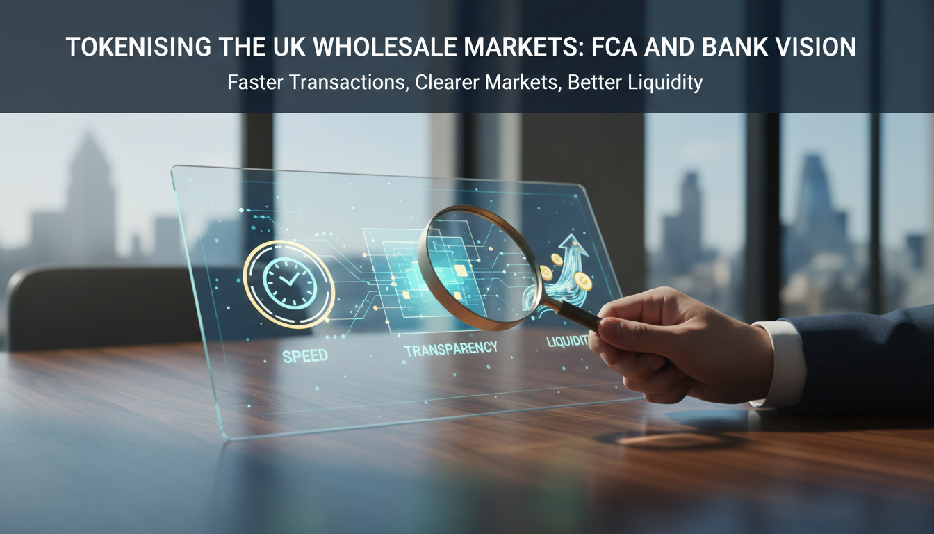 Graphic illustrating the benefits of tokenisation for wholesale market participants, focusing on faster settlement, better transparency, and improved liquidity management.